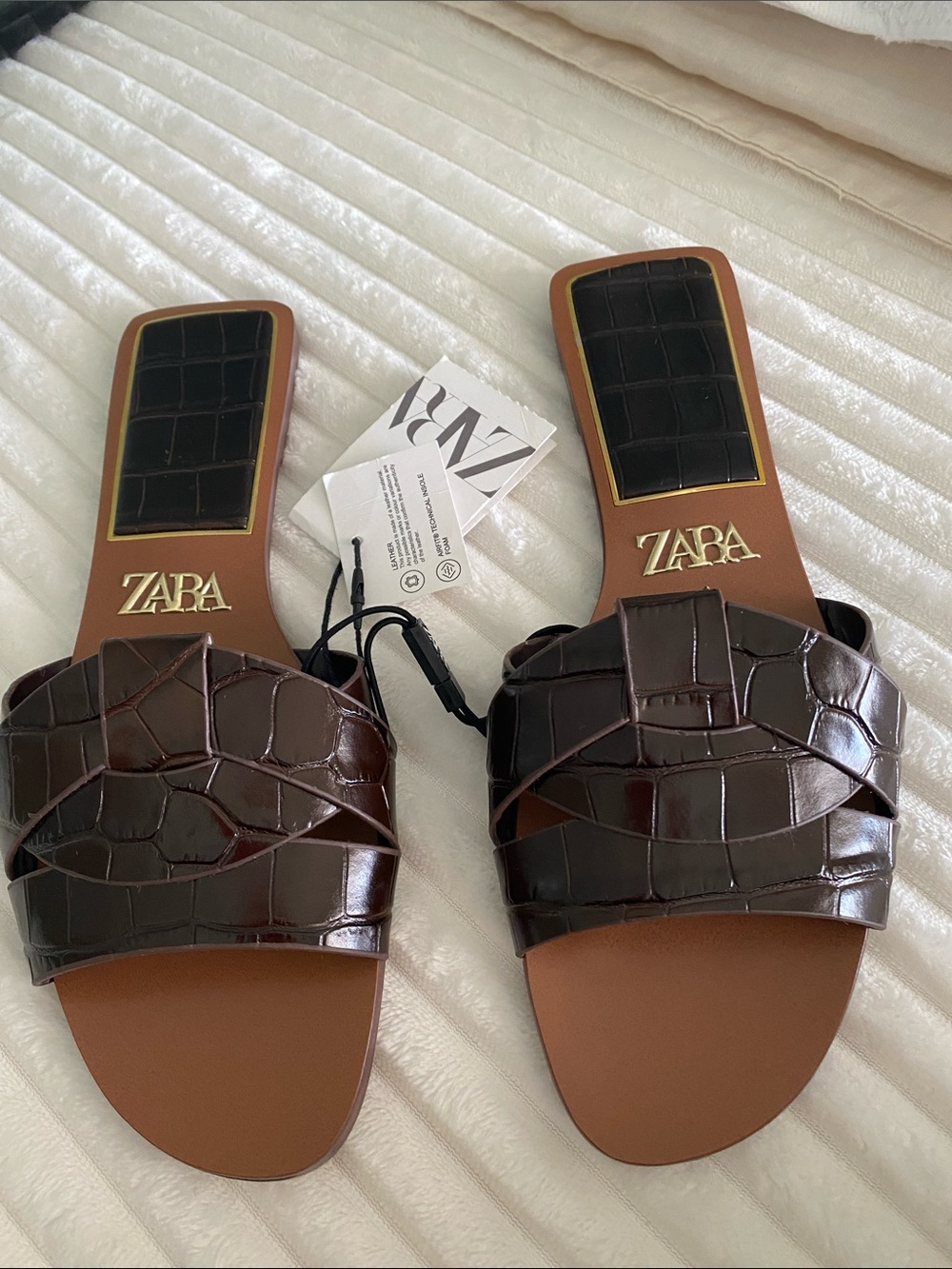ZARA Dark Brown Croc-Embossed Slide Sandals